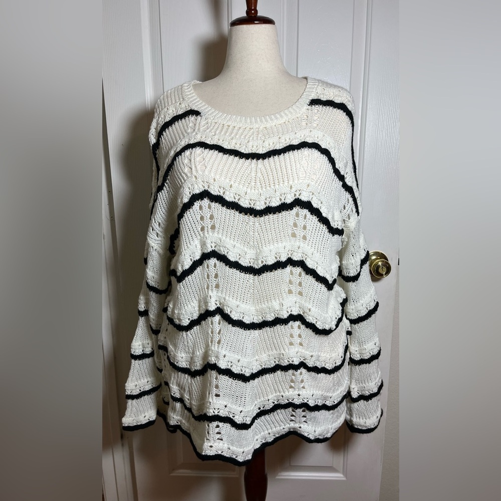 Lane Bryant Ivory Sweater with Black Textured Stripes